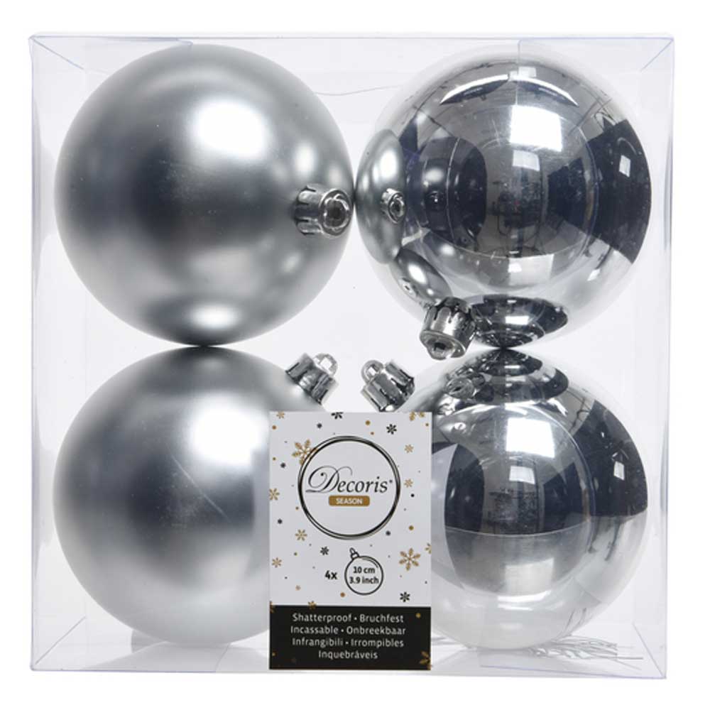 Silver Shatterproof Baubles - 10 cm - box of 4 - Christmas.uk