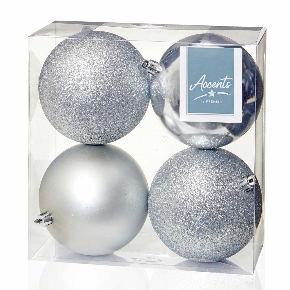 Silver Shatterproof Baubles - 10 cm - set of 4 - Christmas.uk