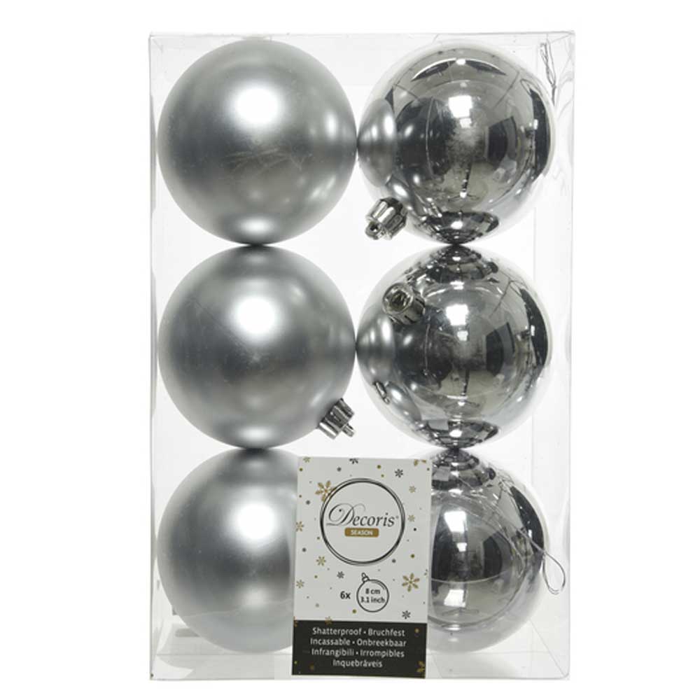 Silver Shatterproof Baubles - 8 cm - box of 6 - Christmas.uk