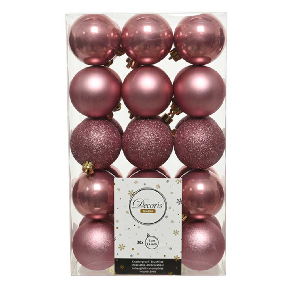 Velvet Pink Shatterproof Baubles - 6 cm - box of 30 - Christmas.uk
