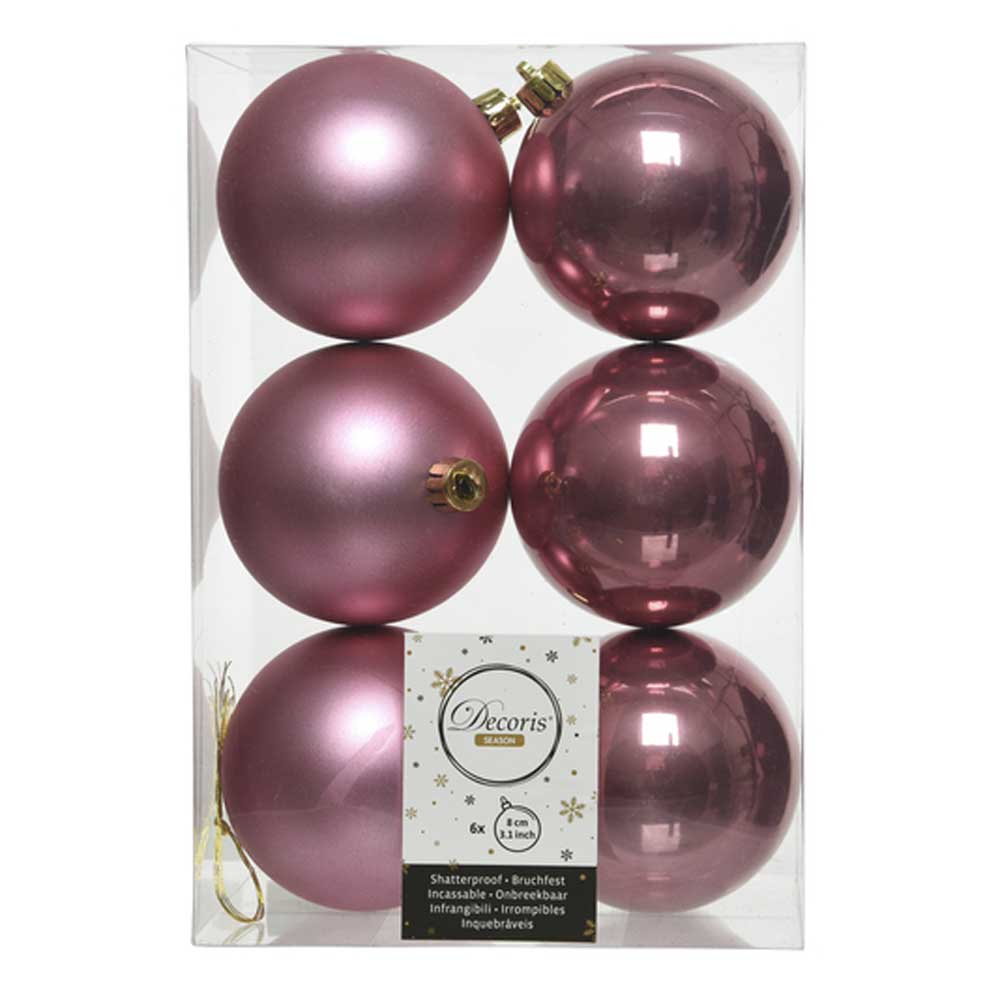 Velvet Pink Shatterproof Baubles - 8 cm - box of 6 - Christmas.uk