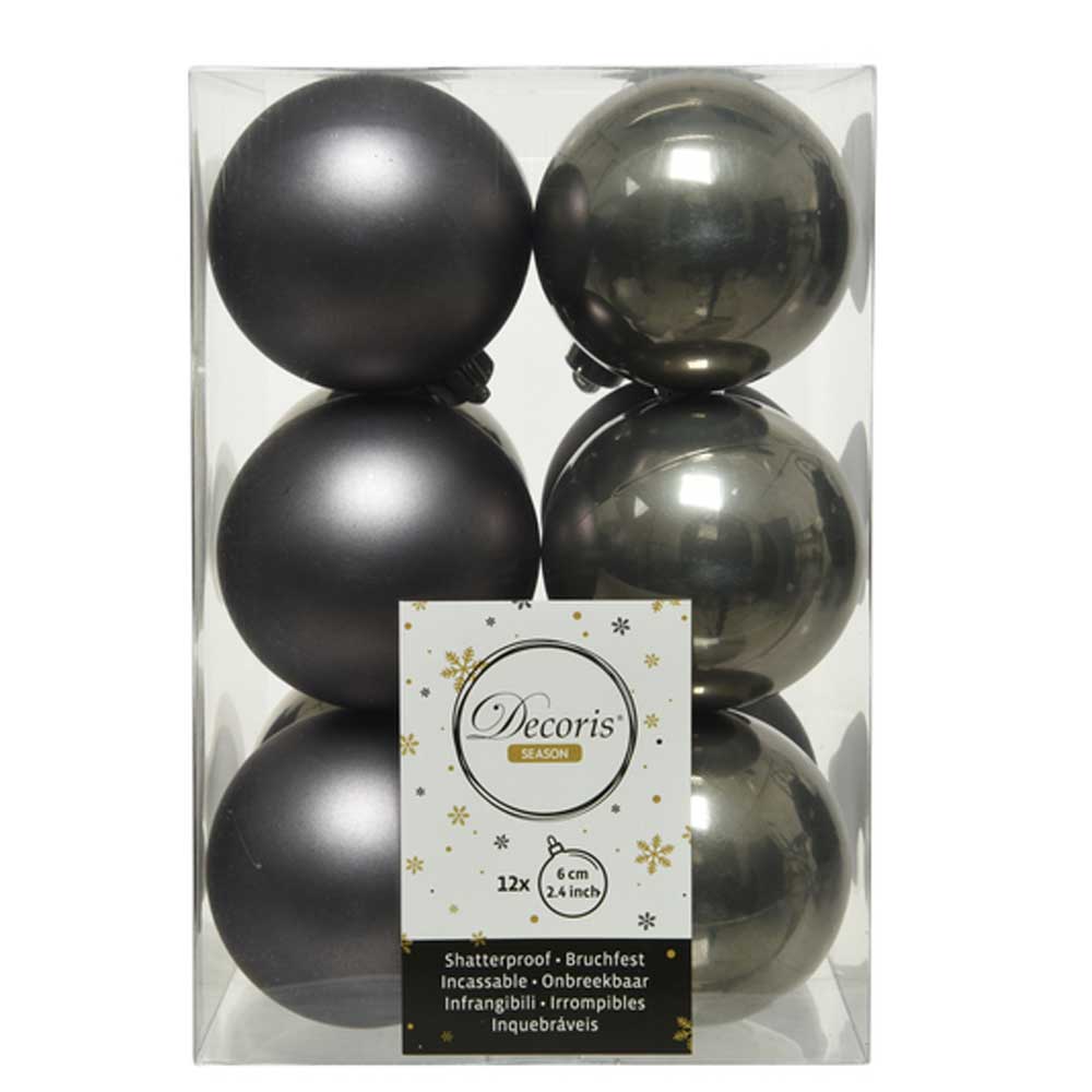 Warm Grey Shatterproof Baubles - 6 cm - box of 12 - Christmas.uk