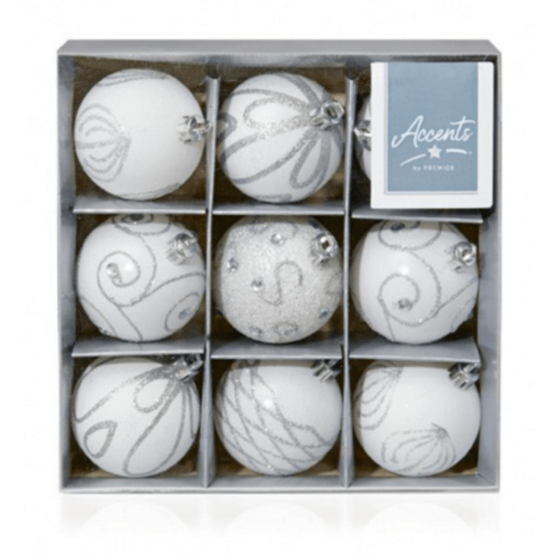White Shatterproof Baubles - set of 9, multi finish - Christmas.uk